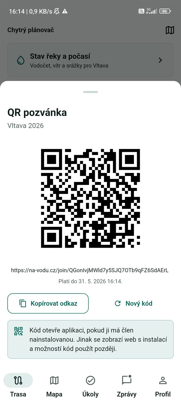 QR pozvánka do jízdy pro připojení člena posádky
