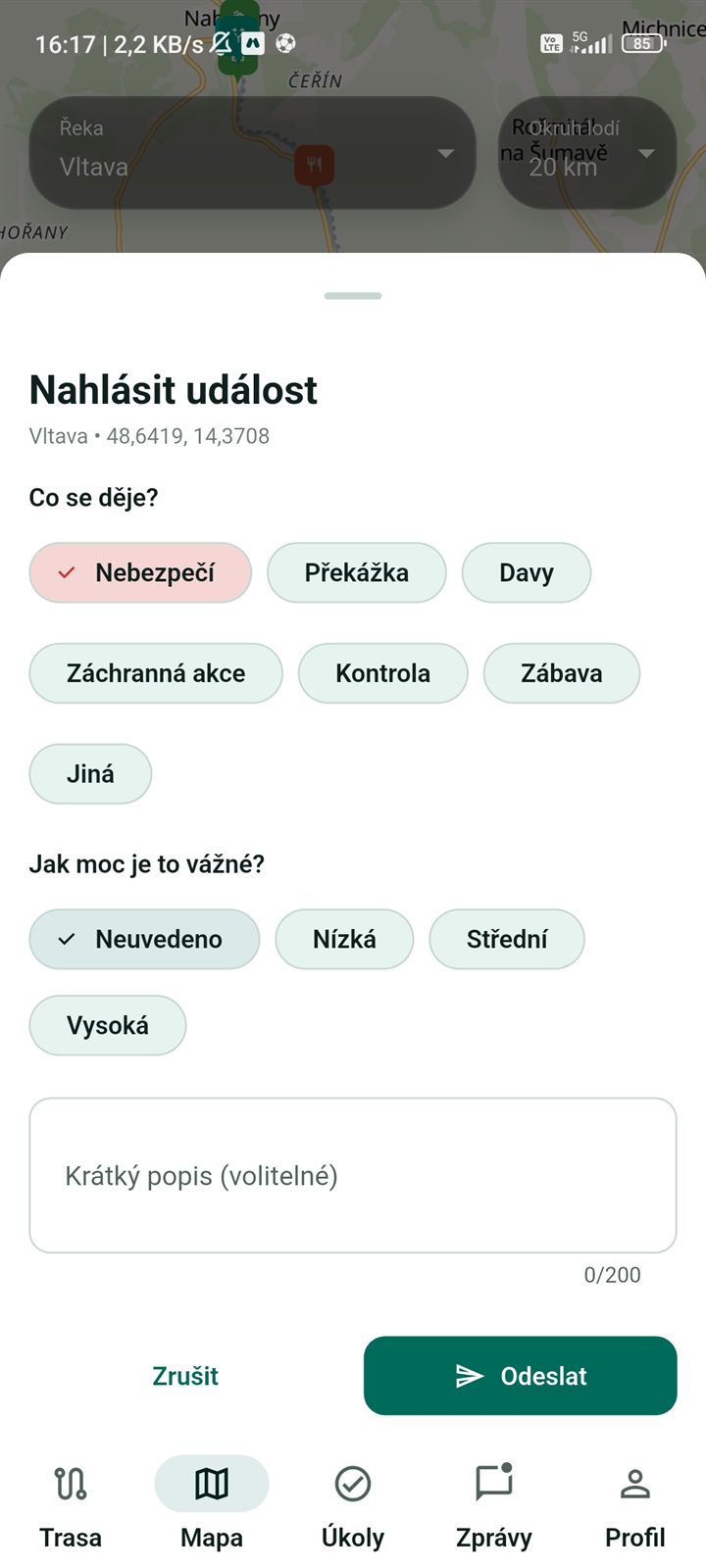 Formulář pro nahlášení události na mapě s typem a vážností