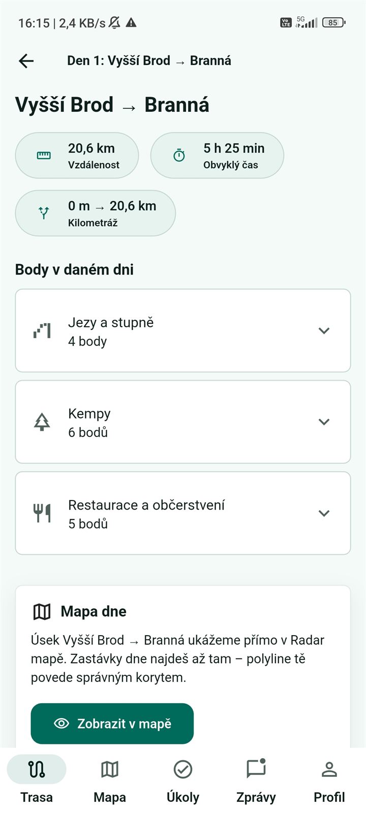 Detail dne s jezy, kempy, restauracemi a tlačítkem zobrazit v mapě