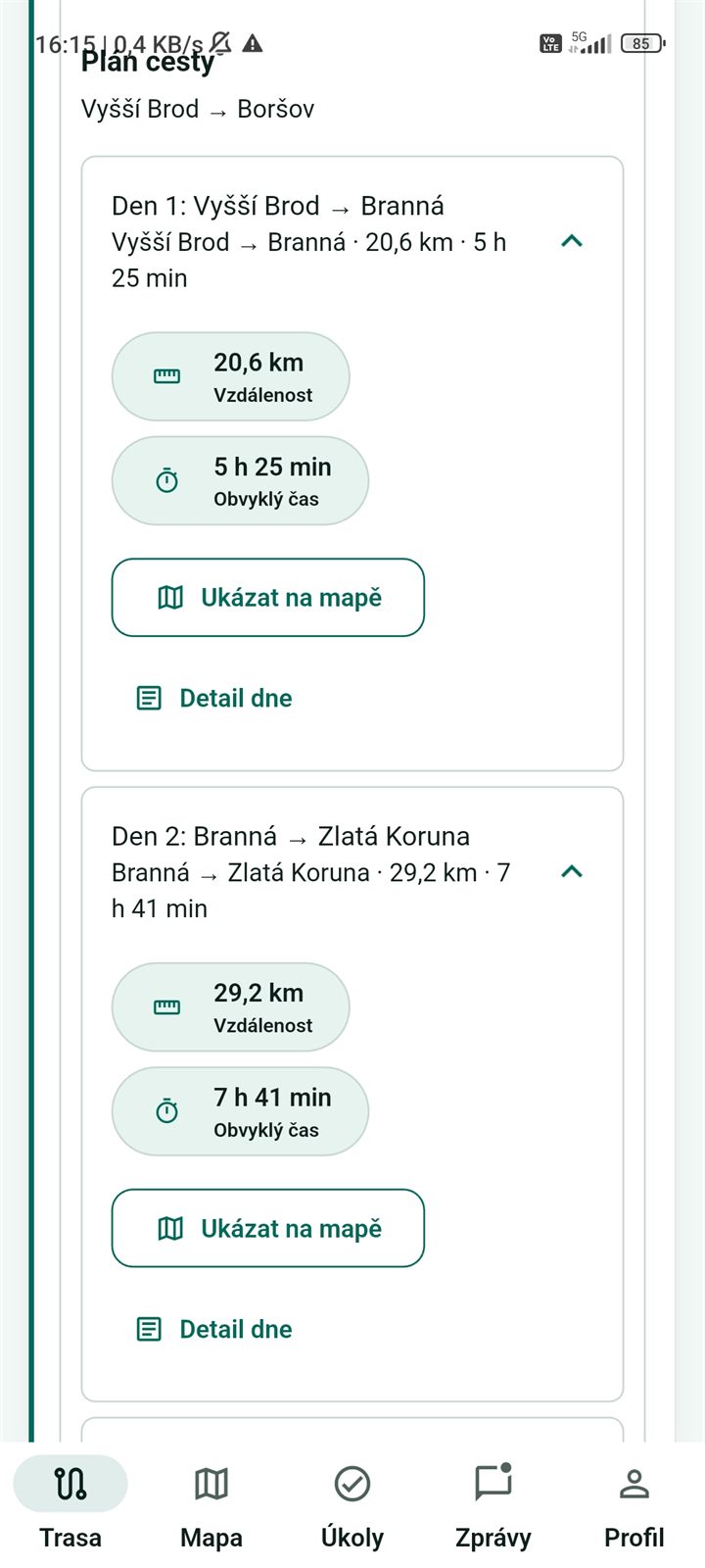 Denní úseky itineráře s délkou a odhadovaným časem plavby