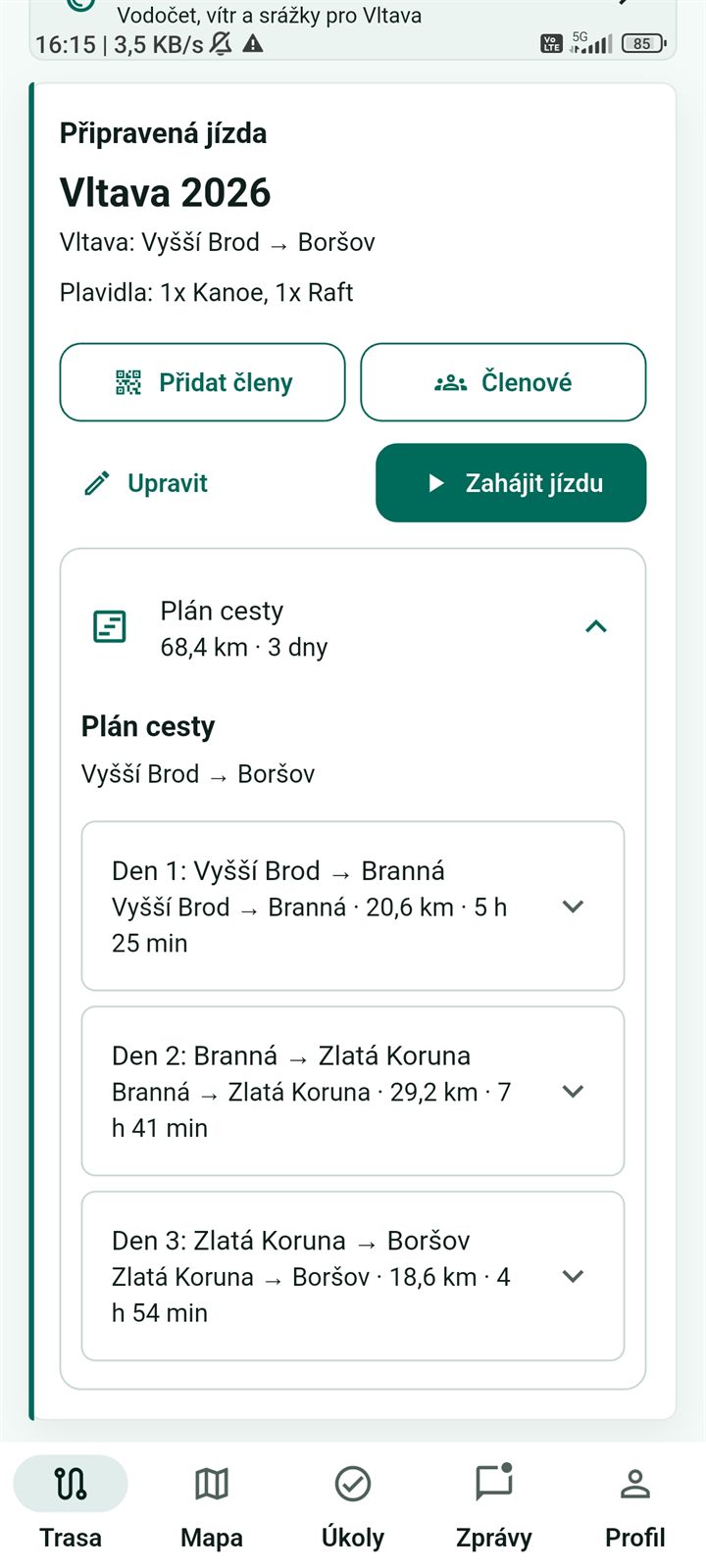 Rozbalený plán cesty rozdělený na tři dny