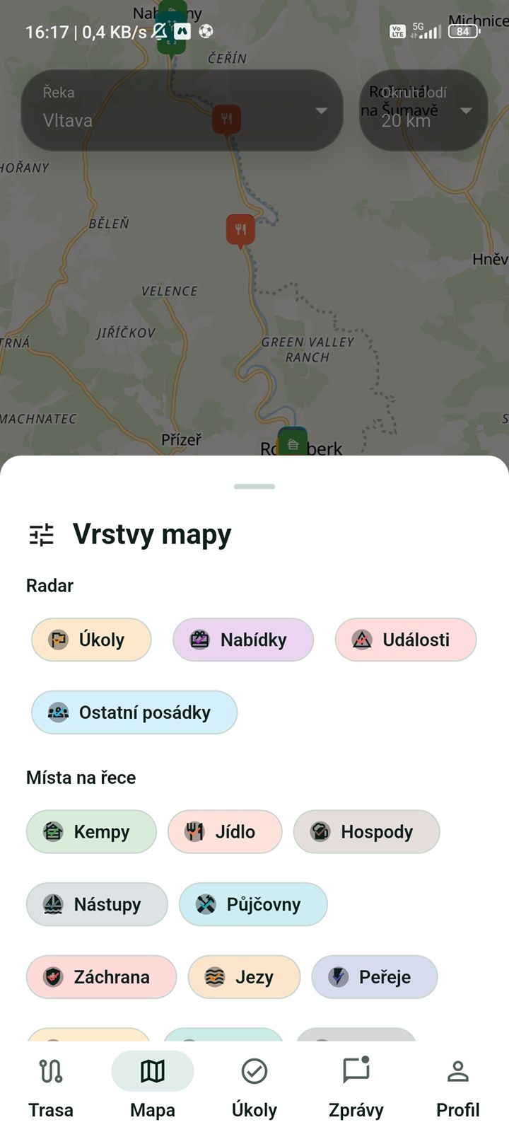 Filtry vrstev mapy pro úkoly, nabídky, události a místa na řece