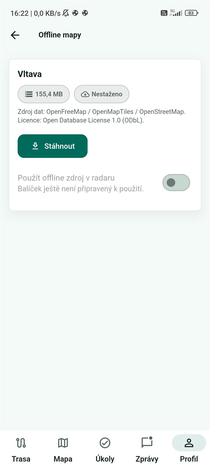 Offline mapový balíček Vltava s tlačítkem stáhnout