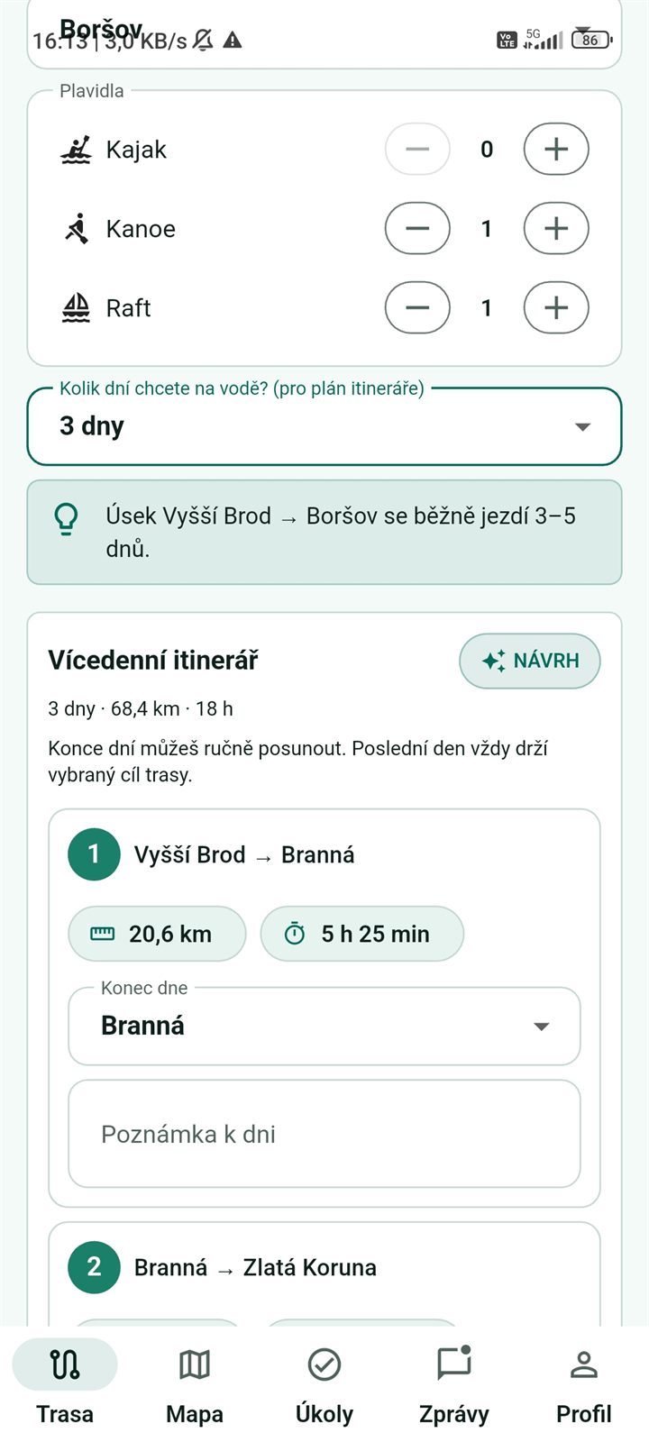 Plánovač s plavidly, počtem dní a denním itinerářem