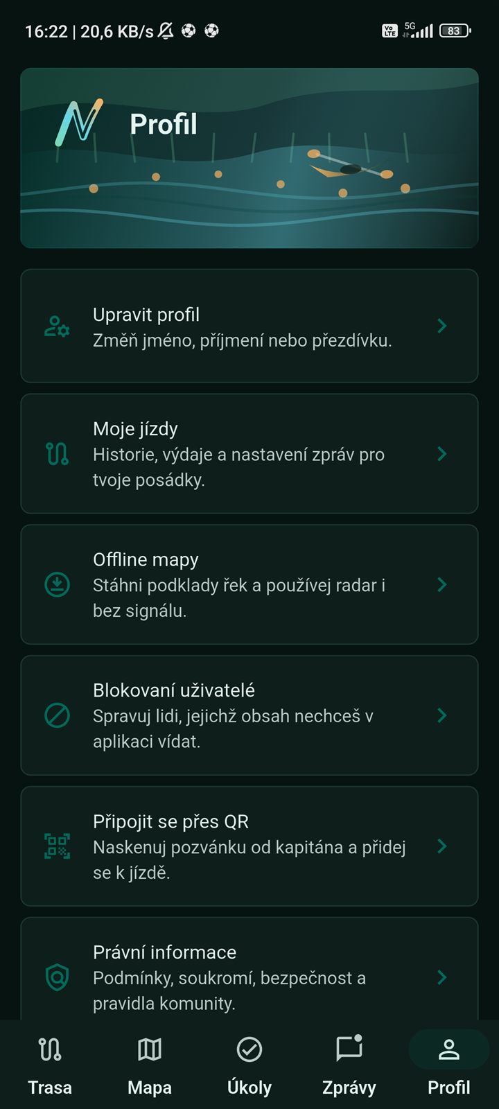 Profil aplikace v tmavém režimu