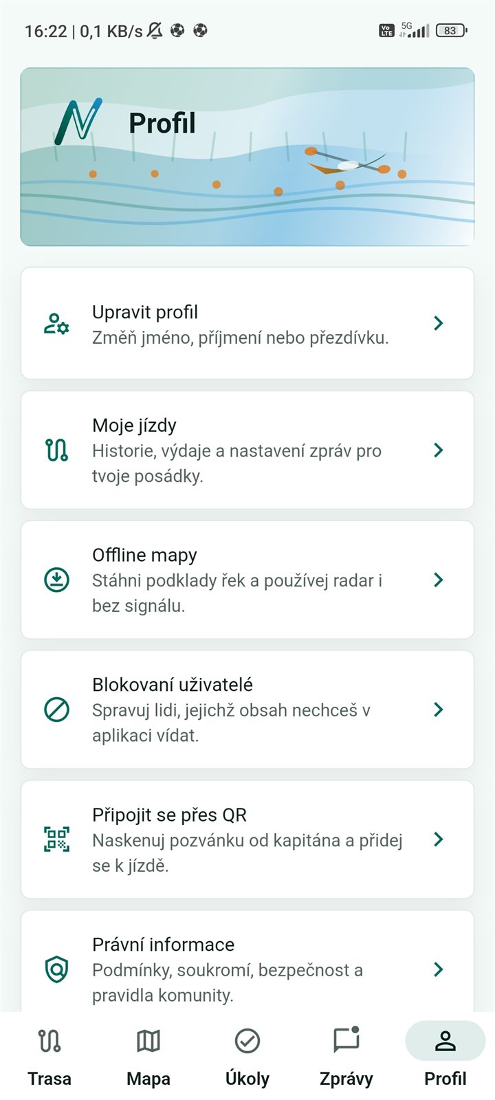 Profil s úpravou profilu, jízdami, offline mapami, blokací a právními informacemi