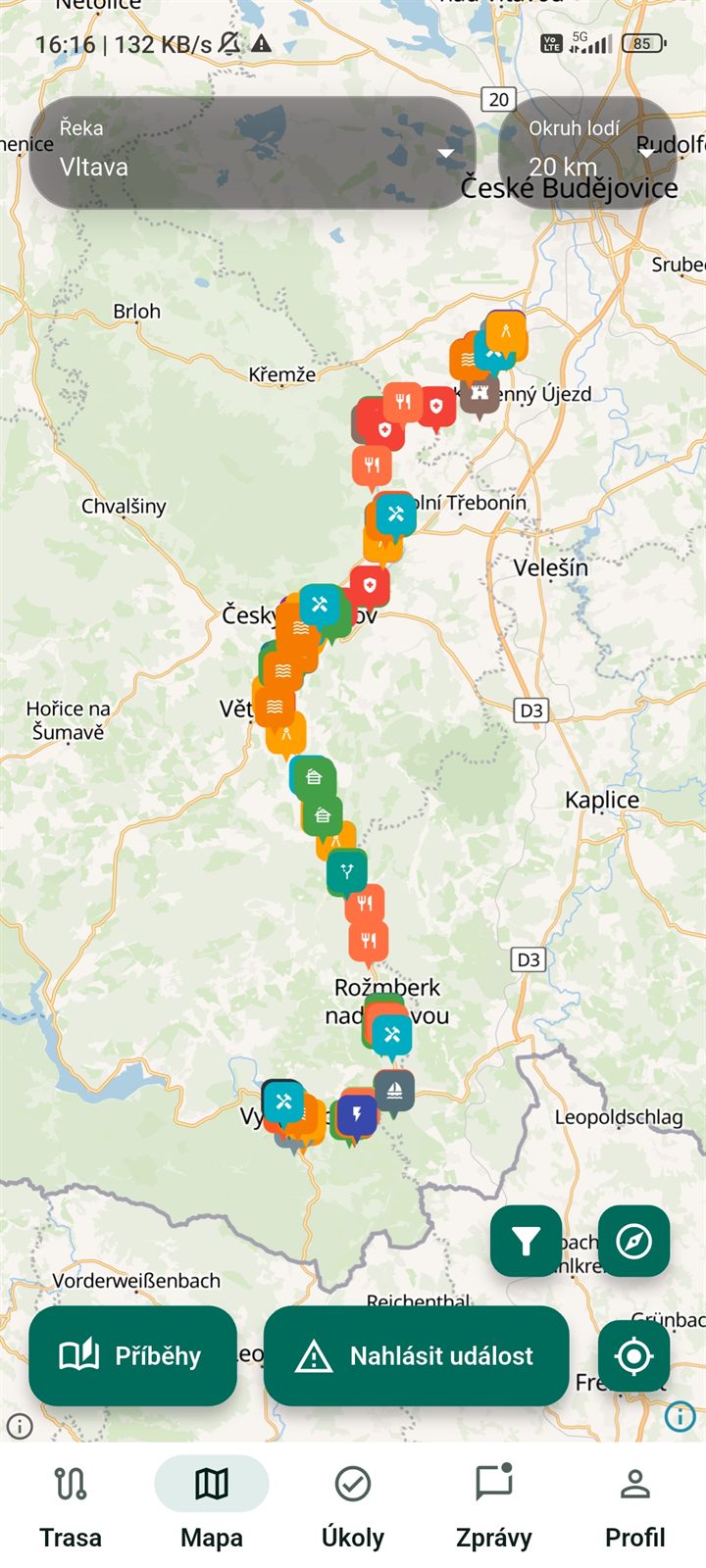 Mapa Vltavy s trasou, body na řece a ovládáním radaru