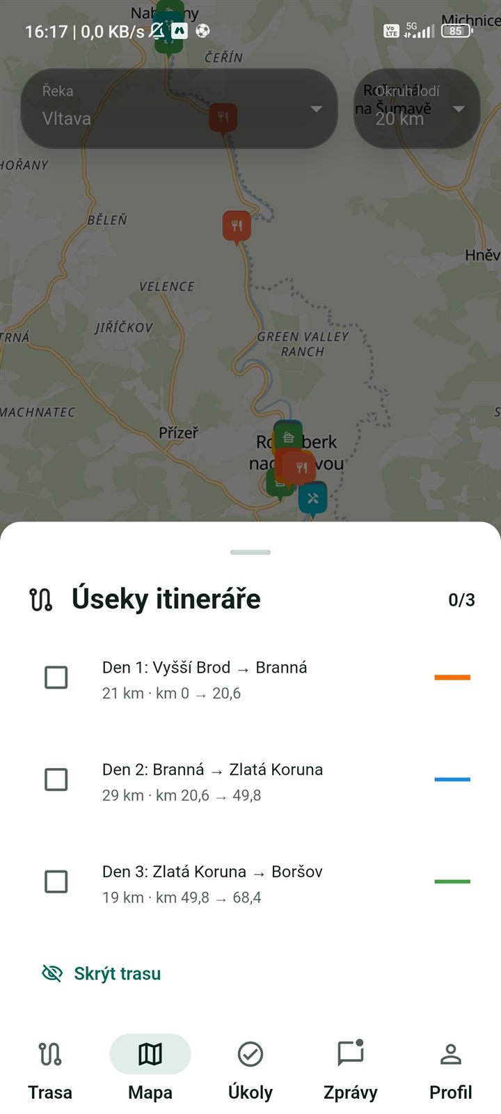 Výběr úseků itineráře zobrazovaných v mapě